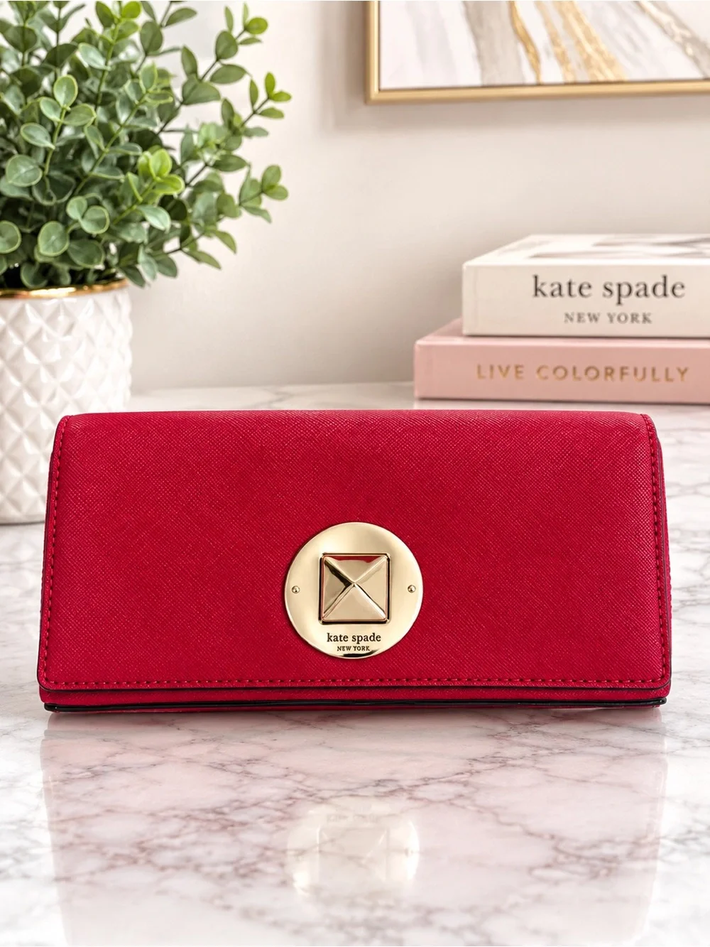 Kate Spade New York Red Saffiano Leather Turnlock Envelope Clutch Wallet